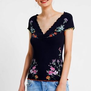 Desigual Floral Ribbed T-Shirt Navy